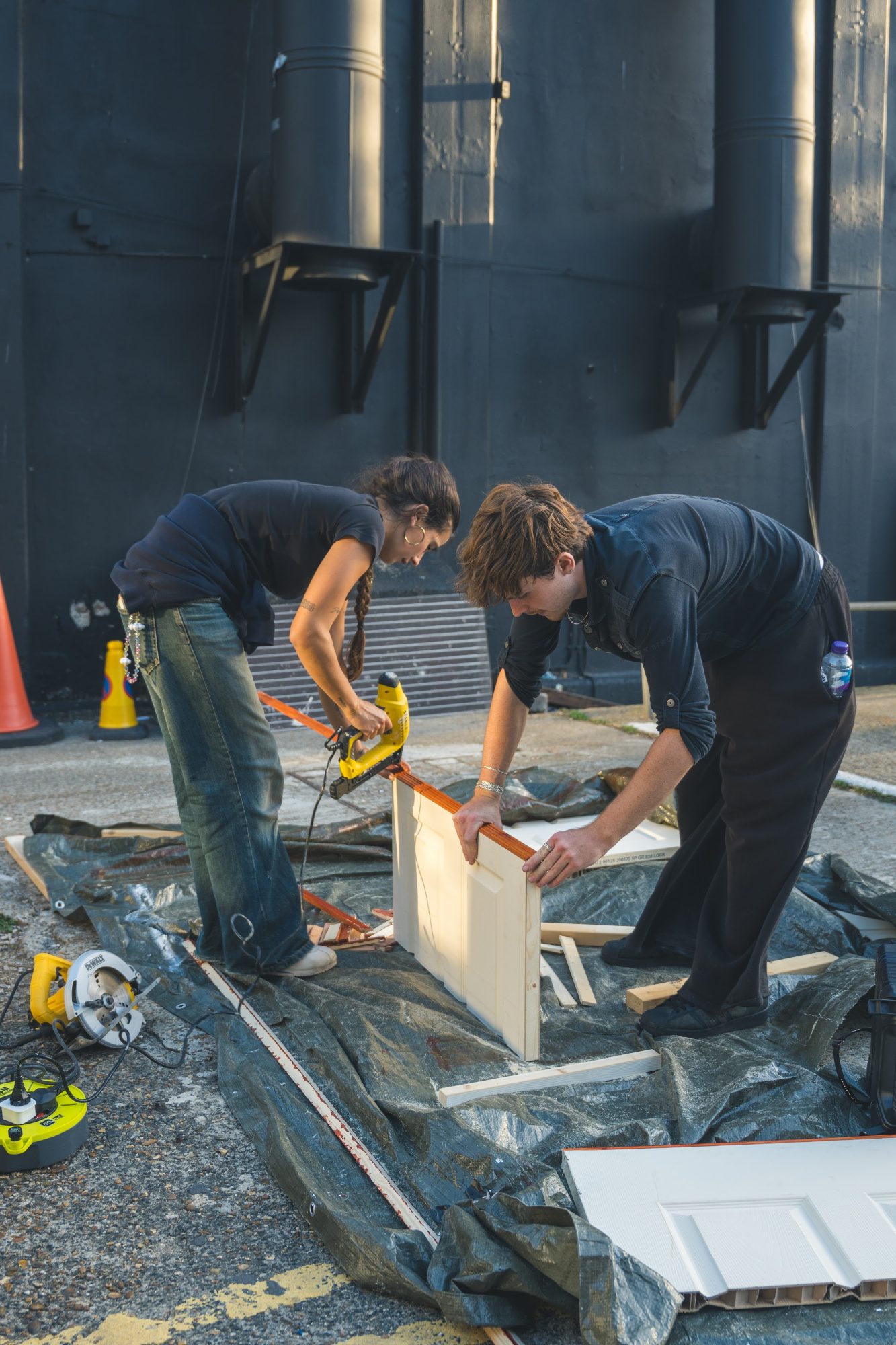 The crew building the set installation